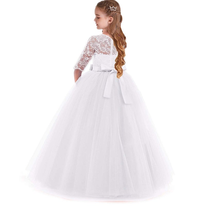 HIHCBF Flower Girls 3/4 Sleeves Lace Tulle A-Line Dress Floor Length Pageant Party Wedding Maxi Evening Dance Prom Ball Gown White 9-10T - Image 2